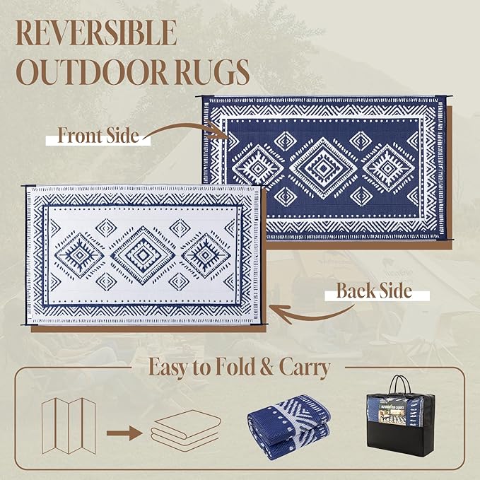 OMERAI Reversible Waterproof Outdoor Rug for Backyard,Plastic Textured Resistant Outdoors Rugs,Portable Washable Easy Cleaning Foldable Camping Beach Carpet for Patio Courtyard, 6'x9' Blue & White
