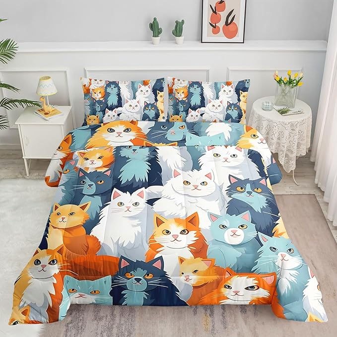 Kids Comforter Set Cute Cats Printed Pattern Bedding Set with 1 Comforter and 2 Pillowcases for Girls Boys Bedroom All Season(Cat Full)