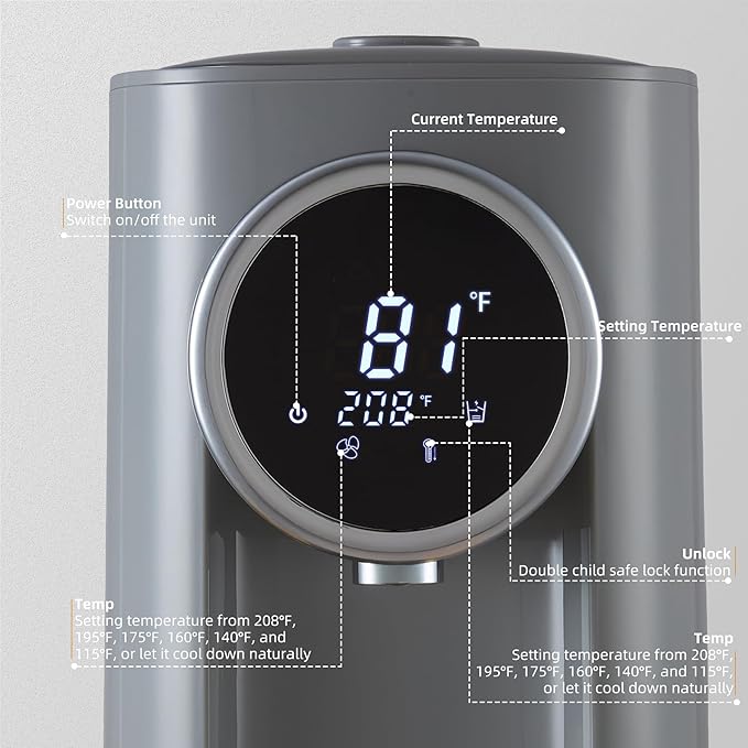 OCTAVO Water Boiler & Warmer 5 Liter, 304 Stainless Steel Water Tank, 700 Watt 6 Adjustable Water Temperature, LCD Touch Control Screen, Child Lock with Water Shortage Indicator