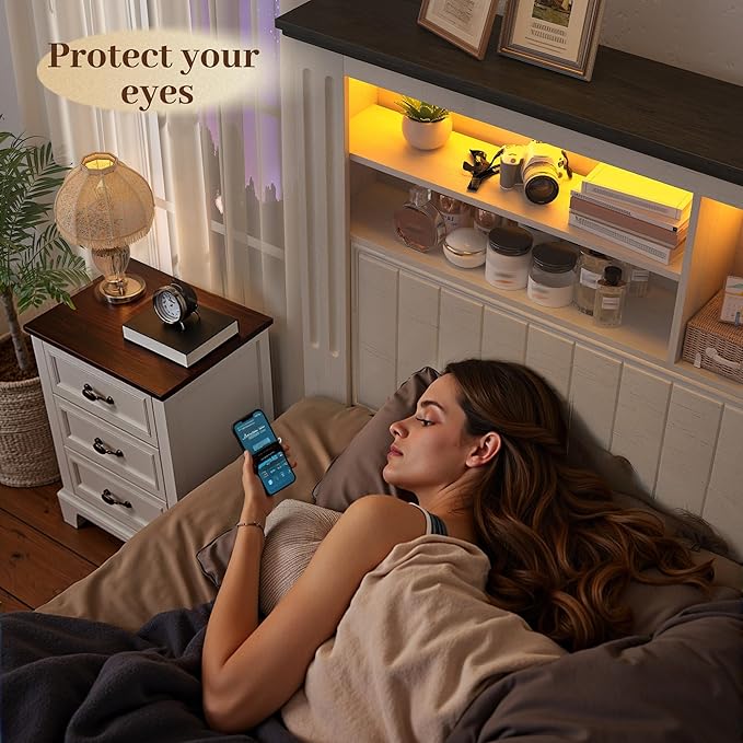 EnHomee Full Size Bed Frame with Headboard, Full Bed Frame with 4 Drawers Charging Port & LED, Farmhouse Bed Full Built in Charging Station,No Box Spring Needed,NO Noise,White with Grain Marks