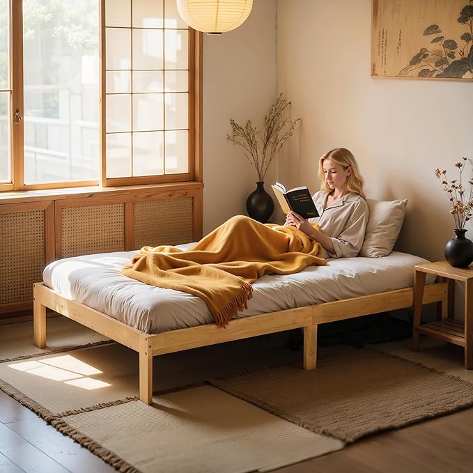 Hokway Wood Full Size Bed Frame- No Wobble,Noise-Free,Easy Assembly with Precise Holes,12 in Wood Slat Support,No Box Spring Needed,Natural