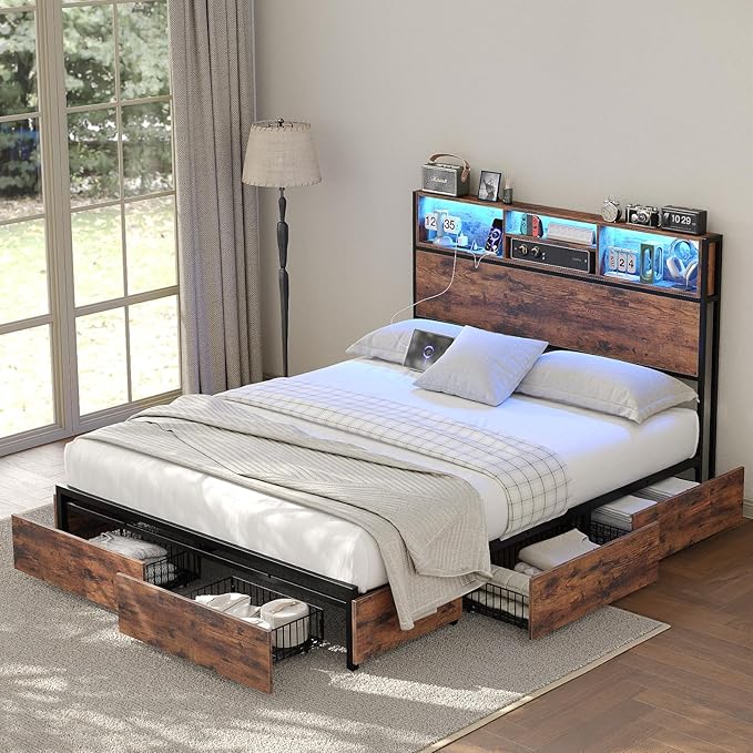 Queen Bed Frame with LED Headboard & Charging Ports, Rustic Wood Platform Bed Frame Queen Size with 6 Storage Drawers and Display Shelf, Heavy-Duty Metal Frame, No Box Spring Needed, Brown