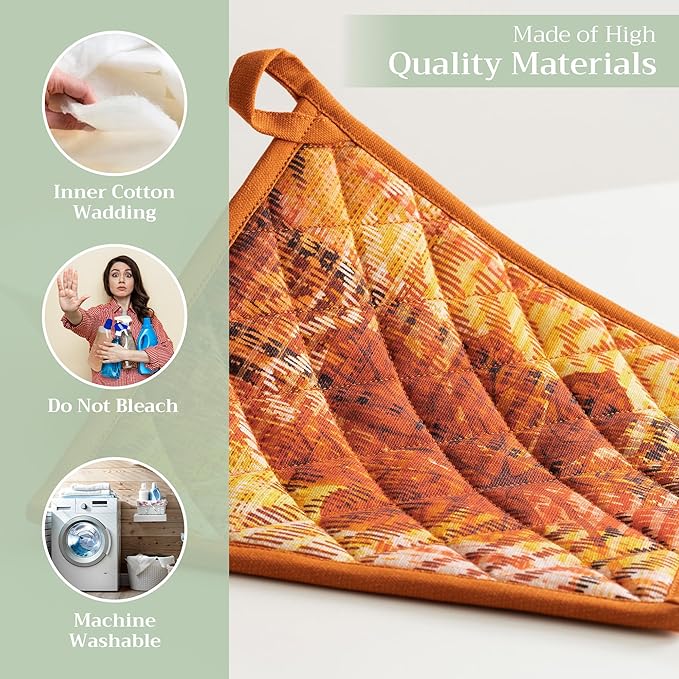 Maison d' Hermine Pot Holders 100% Cotton Heat Resistant Potholders 8" x 8" Hot Pads with Loop for Thanksgiving Christmas Decorations BBQ Cooking Handling Hot Pans (Pack of 1, Thanksgiving Tartan)