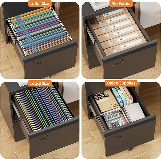 2 Drawer Mobile File Cabinet, Metal Under Desk Cabinet with Lock Name Card Holder for Office Home, Legal/Letter Size, W14.57”x D17.36”x H25.79”, Assembly Required