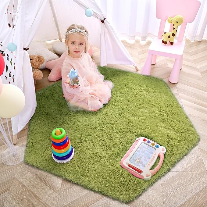 junovo Ultra Soft Rug for Nursery Children Room Baby Room Home Decor Dormitory Hexagon Carpet for Playhouse Princess Tent Kids Play Castle, Diameter 4.6 ft, Green