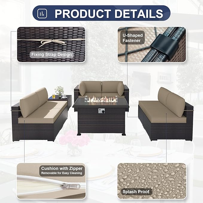 Kurapika 11 Pieces Patio Furniture Set, Rattan Wicker Outdoor Conversation Sets w/43in Propane Fire Pit Table, Swivel Rocking Chairs Patio Sectional Sofa w/4 Inch Cushion, Sand