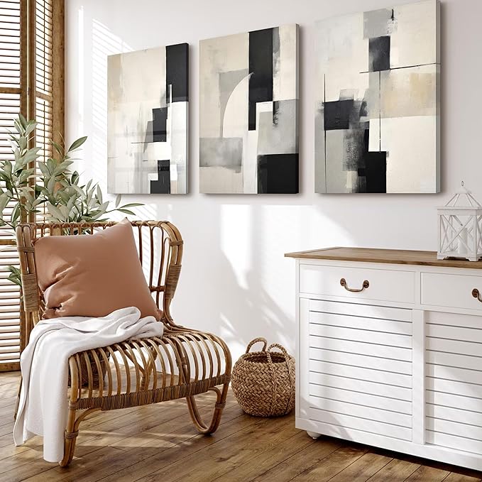 3Pcs Framed Neutral Abstract Canvas Wall Art Floral Pictures Modern Minimalist Posters Prints Beige Black Flower Wall Decoration for Living Room Bedroom Bathroom Office 16x24in