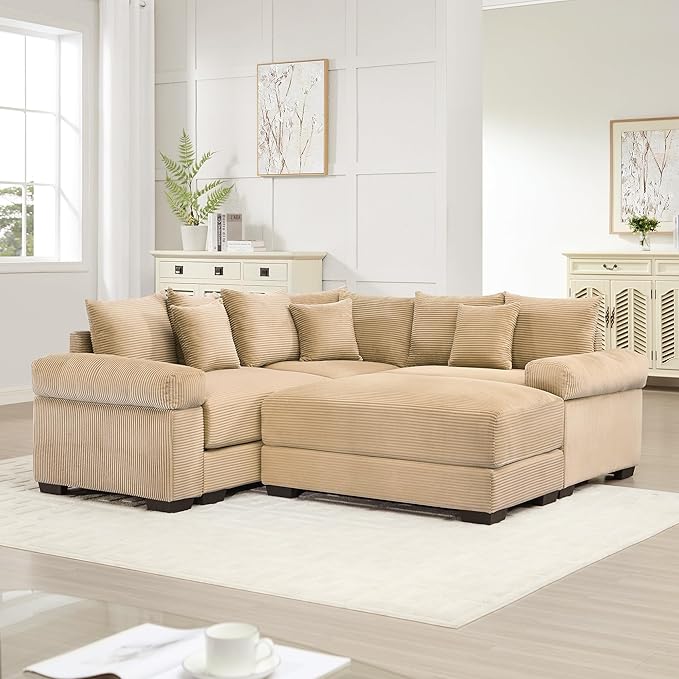 KEIKI 79" L-Shaped Oversized Corduroy Modular Cloud Sectional Sofa with 1 Ottoman, High-Density Foam Cushion, Extra-Thick Armrest, 3-Seater Fluffy Corner Couch with 10 Pillow, for Living Room, Camel