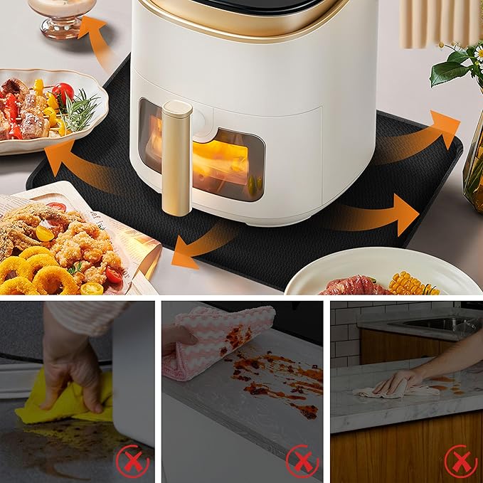 Heat Resistant Mat for Air Fryer Site - 19.6 x 11.8in, Fireproof Silicone Mats for Kitchen Counter, Heat Proof Mat, Non-slip & Waterproof for Deep Fryer, Oven, Coffee machine (Black)