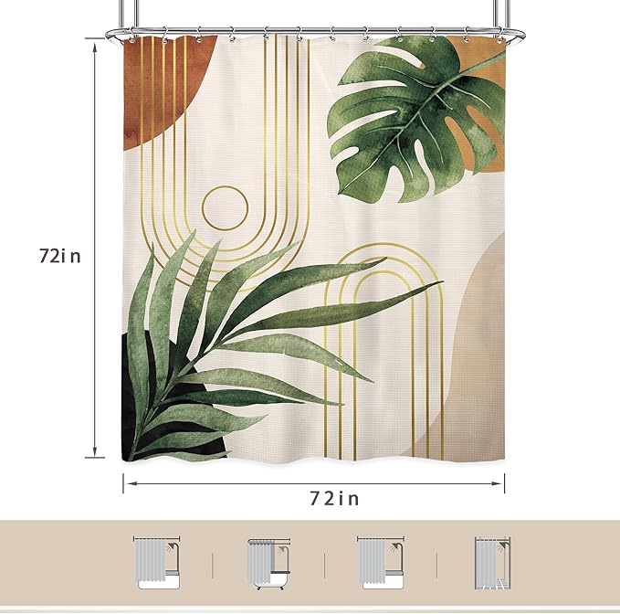 Glawry Waffle Boho Green Shower Curtain Thick Weighted Heavy Duty Abstract Mid Century Tropical Palm Leaf Modern Bathroom 72Wx72L Inches Bath Accessories Art Home Decor Fabric 12 Pack Hooks