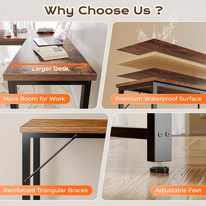 Huuger 63 Inch L Shaped Desk with Power Outlets and USB-C Port, 0.95 Inch Thicker Desktop, Reversible Computer Desk, Larger Office Corner Gaming Desk, Metal Frame, for Home Office, Study, Rustic Brown