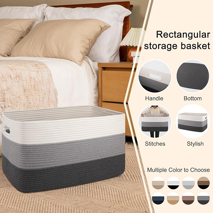 OIAHOMY Large Blanket Basket For Living Room, Rectangle Woven Baskets for Storage, Nursery Toy Storage With Handle-22”x17”x12”-Gradient Dark Grey