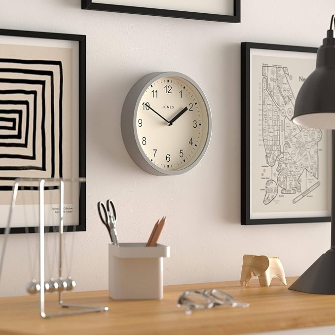 JONES CLOCKS® Spin Wall Clock | Small Modern Round Clock | 20cm | Gray | Easy to Read Numbers | Ideal for Kitchen, Office, Children’s Room or Any Small Space