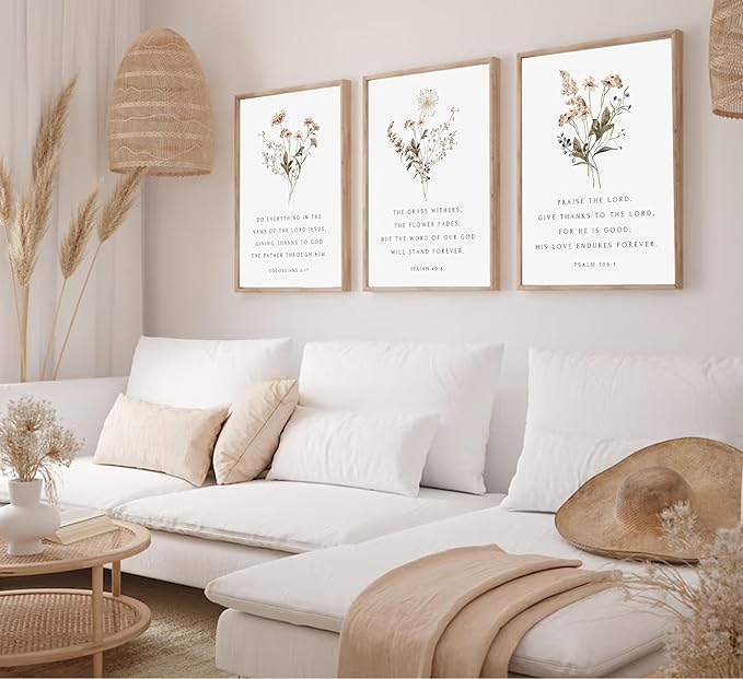 Wildflower Bible Floral Canvas Wall Art Christian Verses Floral Paintings Pictures Wall Decor Botanical Scripture Room Posters Prints for Bedroom Living Room Office Christian Scene Home Decorate