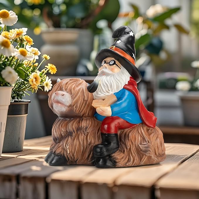 Highland Cow Solar Garden Gnome Outdoor Statue 8 Inch Funny Gnomes Decorations for Yard Lawn Patio Adorable Decor Birthday Gifts for Women Mom Grandma