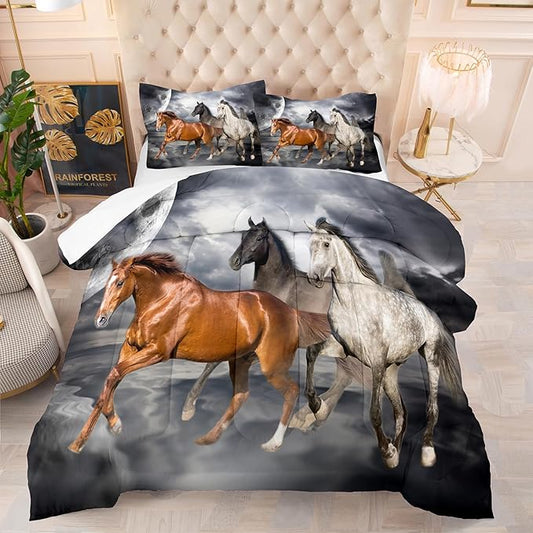 Tailor Shop Horse Comforter Full Size,Galloping Horse Bedding Set for Kids Teens Girls Boys with 2 Pillowcase…