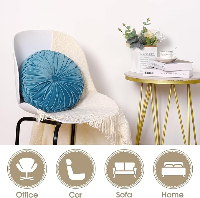 HIG Set of 2 Dusty Blue Ruched Velvet Round Throw Pillows – 14.5’’ Decorative Pillows with Soft Polyester Filling for Couch, Bed, Living Room, Bedroom, or Dorm – Handmade, Stress Relieving, All-Season