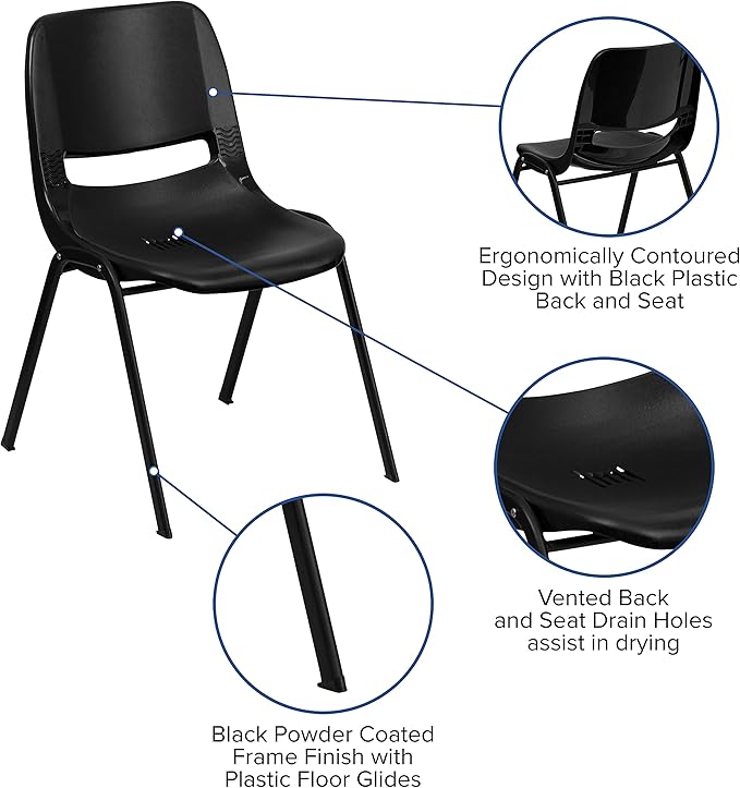 EMMA + OLIVER Kid's Black Ergonomic Shell Stack Chair - Black Frame and 14" H Seat