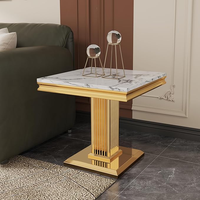 Faux Marble End Table, White Square Side Table with Golden Pillar Stainless Steel Base, Modern Accent End Table for Living Room, Office, Easy Assembly