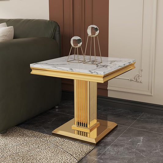 Faux Marble End Table, White Square Side Table with Golden Pillar Stainless Steel Base, Modern Accent End Table for Living Room, Office, Easy Assembly