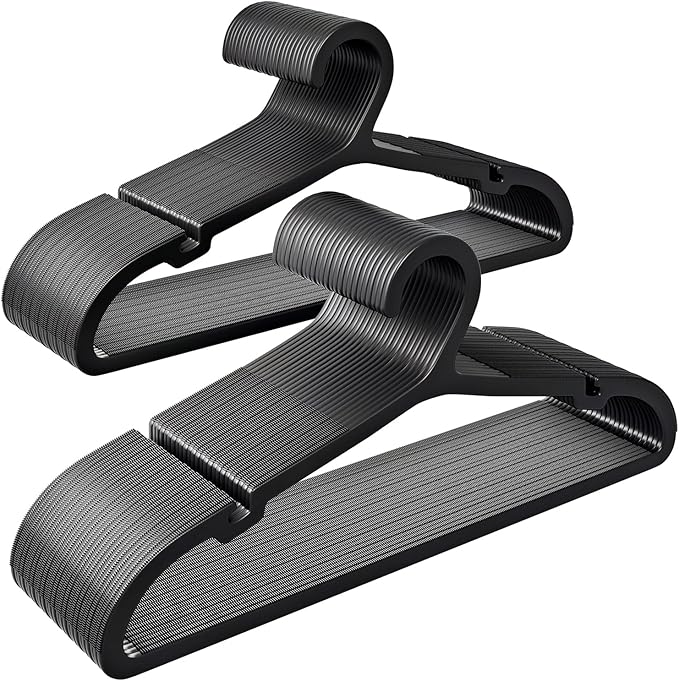 50 Pack Clothes Hangers, Non Slip Plastic Coat Hangers, Space Saving Hangers, Heavy Duty, Hanging Dry Wet Clothes,16.4" x 8.3", Black, UAPY0550B