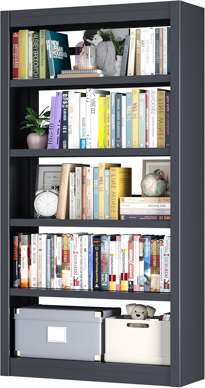 69" Metal Bookcase, 5 Tier Bookshelf with Adjustable Shelves, Heavy-Duty Steel Storage Shelves for Living Room, Home Office, Library, or Bedroom, Black