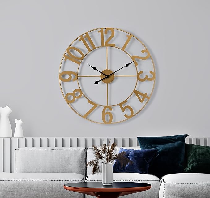 Sorbus 24-Inch Large Wall Clock – Decorative Gold Metal Clock with Black Hands – Silent, Battery Operated, Modern Wall Decor for Living Room, Kitchen, or Office – Great Gift for Housewarming or Office