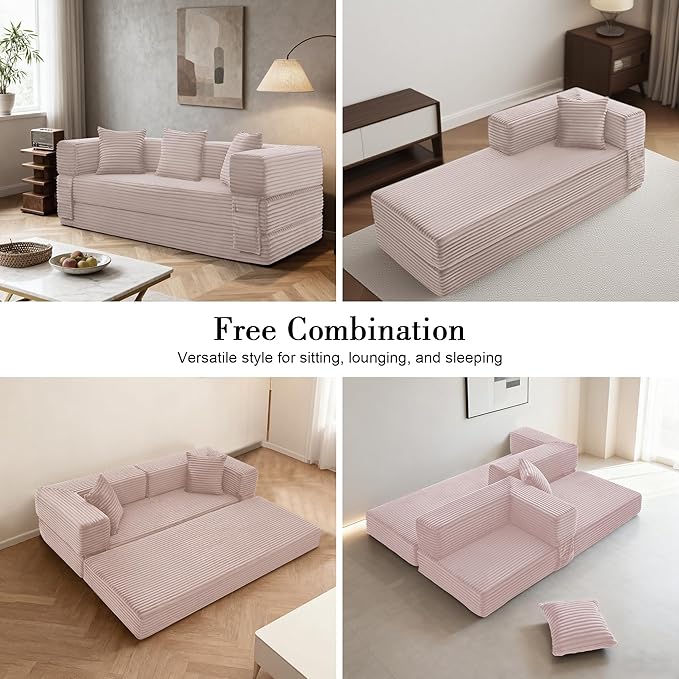 Sectional Boneless Couch Convertible Sofa Bed, 78'' Modular Sectional Sleeper Sofa with Removable Armrests & 3 Pillows, Small Floor Couch No Assembly Needed for Living Room, Office, Bedroom, Pink
