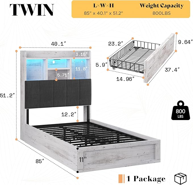 Twin Farmhouse Bed Frame with Bookcase Headboard and 4 Drawers, LED Storage Bed with Charging Station & Linen Upholstered, No Box Spring Needed, Distressed White