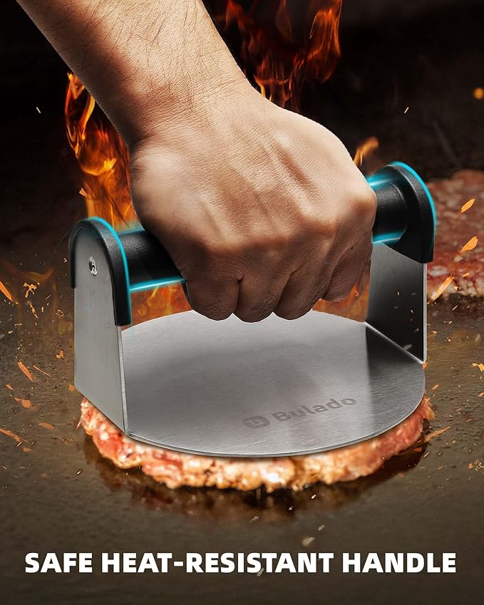 Burger Press, 6'' Round Burger Smasher for Griddle with Heat-resistant Handle, Stainless Steel Non-stick Hamburger Smasher Tool for Flat Top Griddle, Grill, BBQ, Cooking, Gift Package