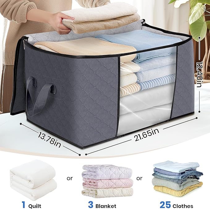 Fab totes 3-Pack Clothes Storage, Foldable Blanket Storage Bags, Containers for Organizing Bedroom, Closet, Clothing, Comforter, Organization with Lids and Handle, Grey