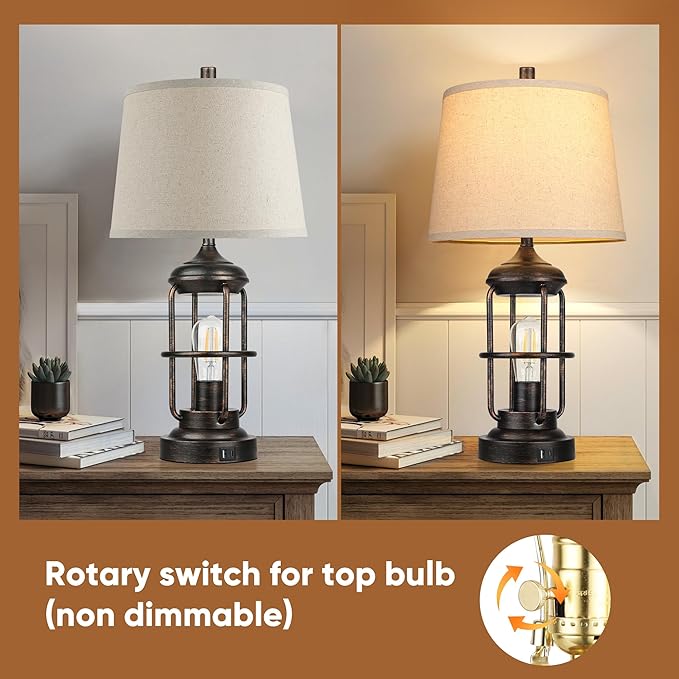 QiMH Table Lamp for Living Room with USB A+C Ports, Farmhouse Bedside Lamp with Nightlight, 3-Way Dimmable Touch Control, Retro Industrial Nightstand Lamp for Bedroom, Bulbs Included, Bronze