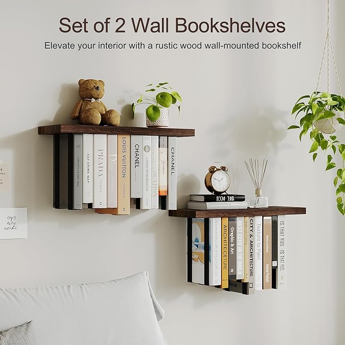 Floating Bookshelves for Wall, Rustic Wood Hanging Wall Bookshelf, Upside Down Book Shelf and Wall Mounted Bookshelves for Home Decor in Bedroom, Living Room, Carbonized, 2 Pack