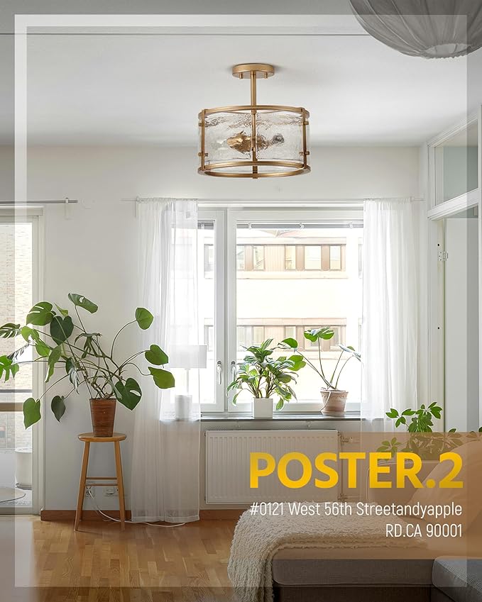 Gold Close to Ceiling Light - Semi Flush Mount Light Fixtures - 14inch Ceiling Light with Glass - E12 Brass Ceiling Light Fixture for Hallway Bedroom LivingRoom C2118-GD