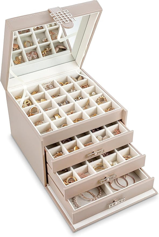 Earring Organizer Holder - 75 Small & 4 Large Slots Classic Jewelry Box with Drawer & Modern Closure, Mirror, 4 Trays Earrings, Ring or Chain Storage - PU Leather Case - Sand