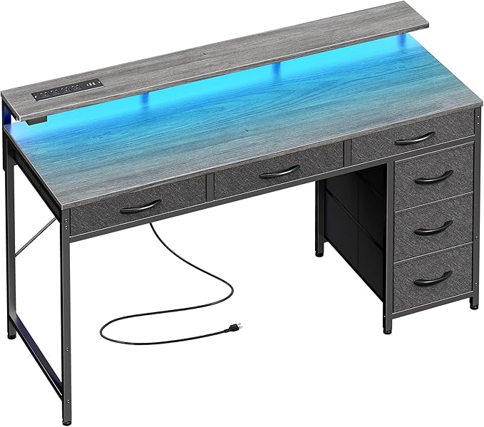 Huuger Gaming Desk with 6 Drawers, Computer Desk with LED Lights Power Outlets and Type-C, 47 Inch Office Desk with Storage, Monitor Stand, Writing Desk Work Desk for Home Office, Bedroom, Study, Grey