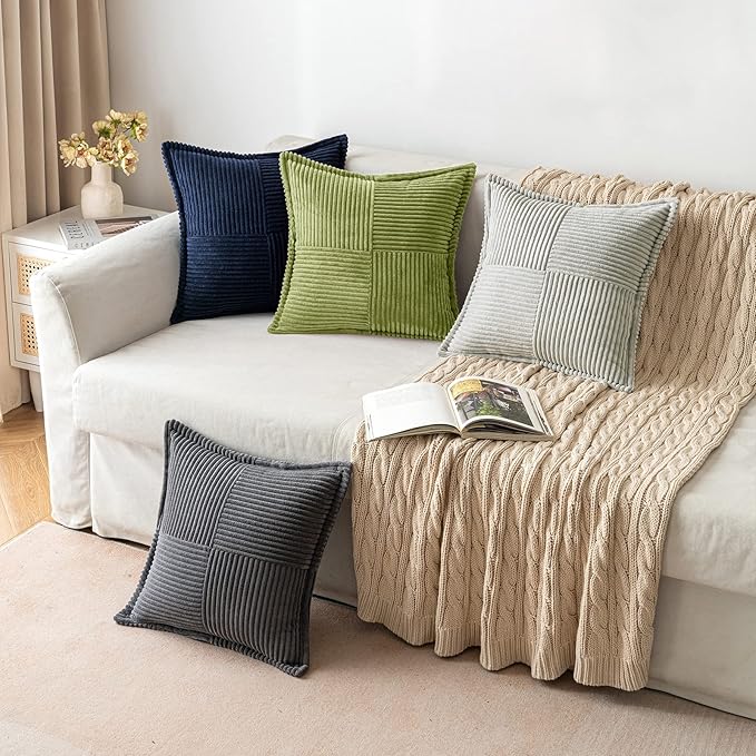 MIULEE Decorative Throw Pillow Covers for Couch Bed Livingroom 20x20 Inch Set of 2 Green Boho Accent Throw Pllows Broadside Striped Patchwork Soft Corduroy Summer Pillowcases