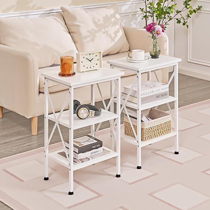 VECELO End Table, Bedside Table, 24" Tall Living Room End Tables, X-Design Reinforced Nightstands, Side Table with 3-Tier Storage Shelves for Small Spaces, Office, Bathroom, Bedroom, Pearl White