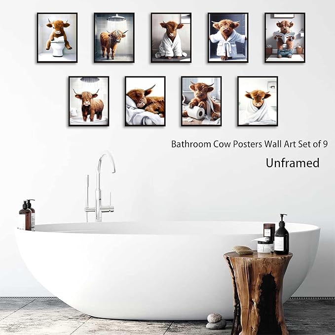 SEHSUVC Funny Bathroom Cow Posters Wall Art Set of 9, Highland Cow Canvas Prints Pictures, Art Animal Restroom Wall Decor for Bathroom Bedroom Babyroom Decoration 8x10In Unframed