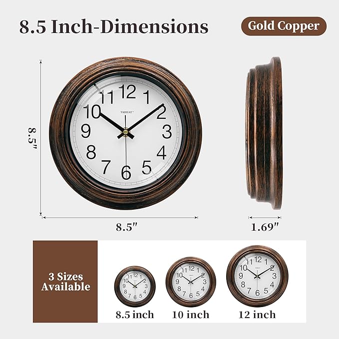 TAHEAT 8.5 Inch Wall Clock, Battery Operated Silent Non Ticking - Vintage Gold Copper Kitchen Clock for Living Room, Bedroom, Office, Bathroom - Easy to Read Retro Decorative Wall Clocks