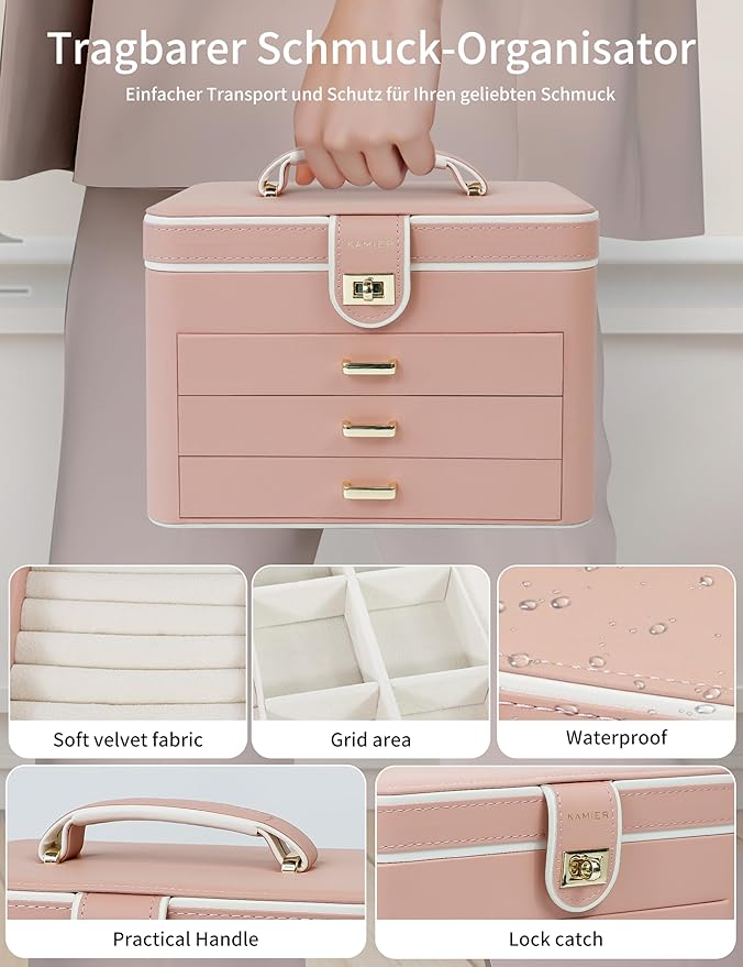 KAMIER Jewelry Organizer Box for Women - 4 Layer Drawer Jewellery Storage with Lock and Mirror - Jewelry Case for Necklaces Rings Bracelets Earring Holder Organizers (Pink)