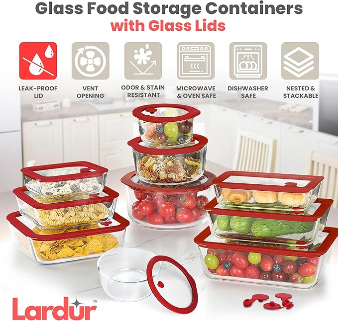 Glass Food Storage Containers with Glass Lids 3 Pack - Square Meal Prep Food Container Set with Airtight Lids - Microwave & Dishwasher Safe, 100% Plastic Free, Vented, Gift Packaged, Red Color