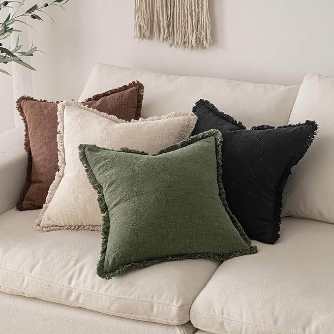 MIULEE Decorative Throw Pillow Covers Neutral Linen Fringe Throw Pillows Set of 2 Black Boho Farmhouse Cushion Covers with Tassels for Couch Sofa Bed Living Room Spring Home Decor 20x20 Inch