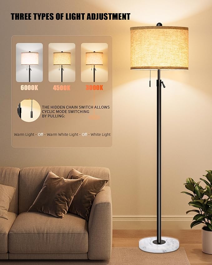 Floor Lamp for Living Room - Adjustable Height Standing Lamp with Marble Base & Linen Shade - Tall Pole Floor Light with 3 Color Temperatures Bulb for Bedroom, Reading - Easy Assembly