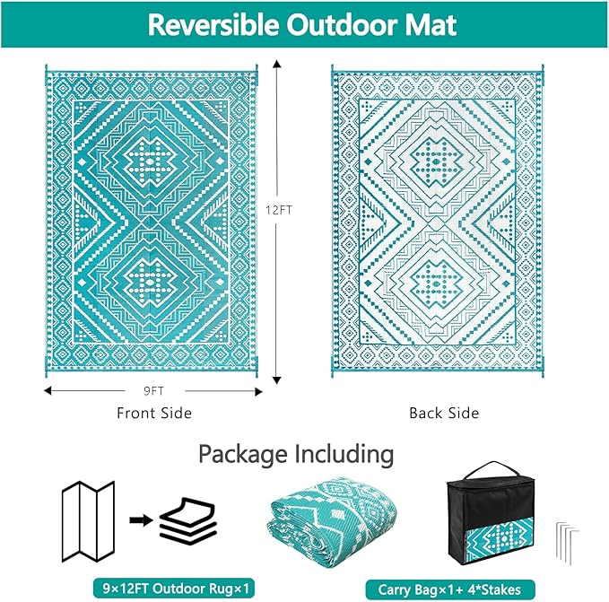 Waterproof Outdoor Rug 9x12 ft, Reversible Plastic Straw Mat, Large Floor Mat for Patio, Camping, Picnic, Backyard RV, Deck, Teal