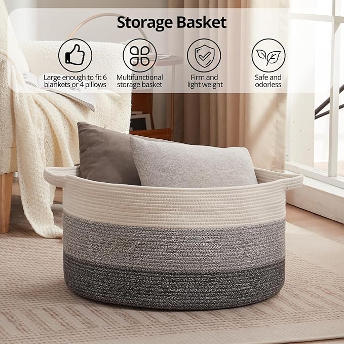 OIAHOMY Extra Large Storage Basket, 24" x 15" Woven Blanket Storage for Living Room, Round Laundry Basket for Pillow - Gradient Grey