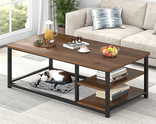 EXCEFUR Modern Coffee Table, Rustic Wood and Metal Center Table for Living Room, Industrial Rectangle Cocktail Tea Table with Storage Shelf, Walnut, 47 Inch