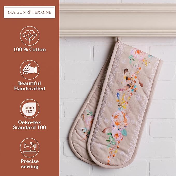 Maison d' Hermine Double Oven Mitts 100% Cotton 7"x35" Double Oven Mitt Heat Resistant BBQ Cooking Gloves with Loop, Baking, Grilling, Home, Kitchen, Handling Hot Pans Spring Summer (Ibiza - Beige)