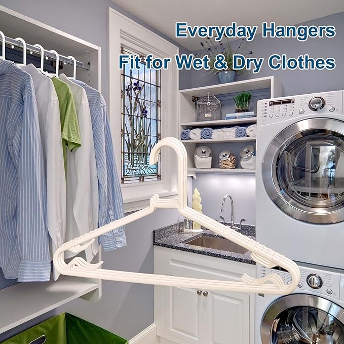 Plastic White Hangers 50 Pack, Light Weight Durable Clothes Hangers G-Shape Hangers Standard Size Ideal for Tank T-Shirts Dresses Jackets Suits Blouses Ties Leggings