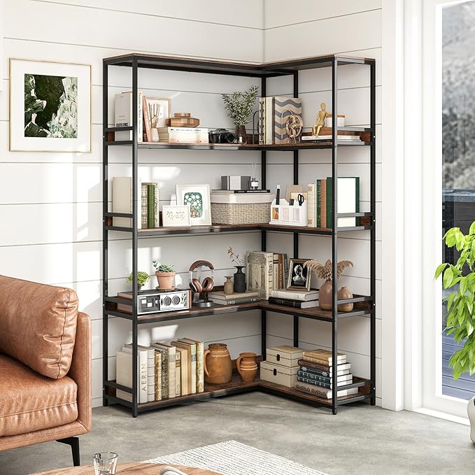 Tangkula Large Corner Bookshelf, 90 Degrees 5-Tier Industrial Wood Open Corner Bookcase for Small Spaces, Heavy-Duty Metal Frame, 71”H L-Shaped Storage Display Rack for Living Room (Rustic Brown)